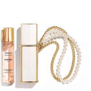 CHANEL Coco Mademoiselle Perfume with Gold and Pearl Chain